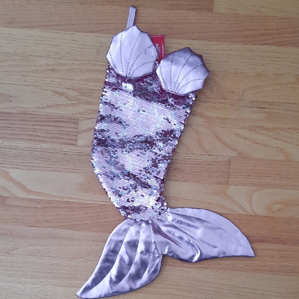 Holiday Time Mermaid Pink and Silver Sequin Christmas Stocking Fish Tail